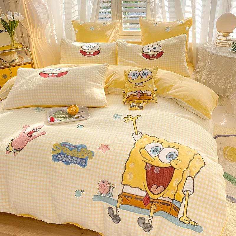 海绵宝宝 小清新保暖秋冬可爱加厚高克重牛奶绒四件套床上四件套