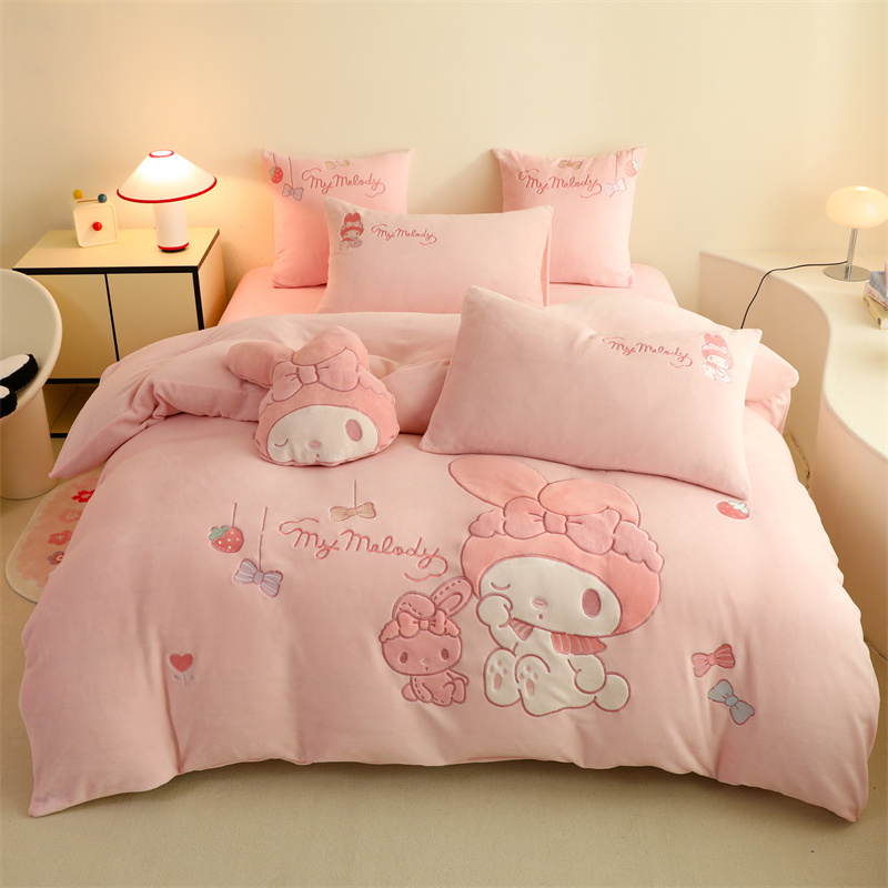 美乐蒂粉 加厚牛奶绒四件套可爱卡通少女心可爱刺绣单人床品