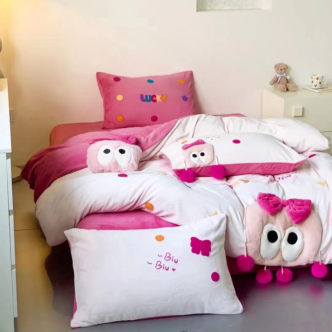 萌宠 冬季加厚可爱卡通牛奶绒四件套少女心公主风加绒保暖床品