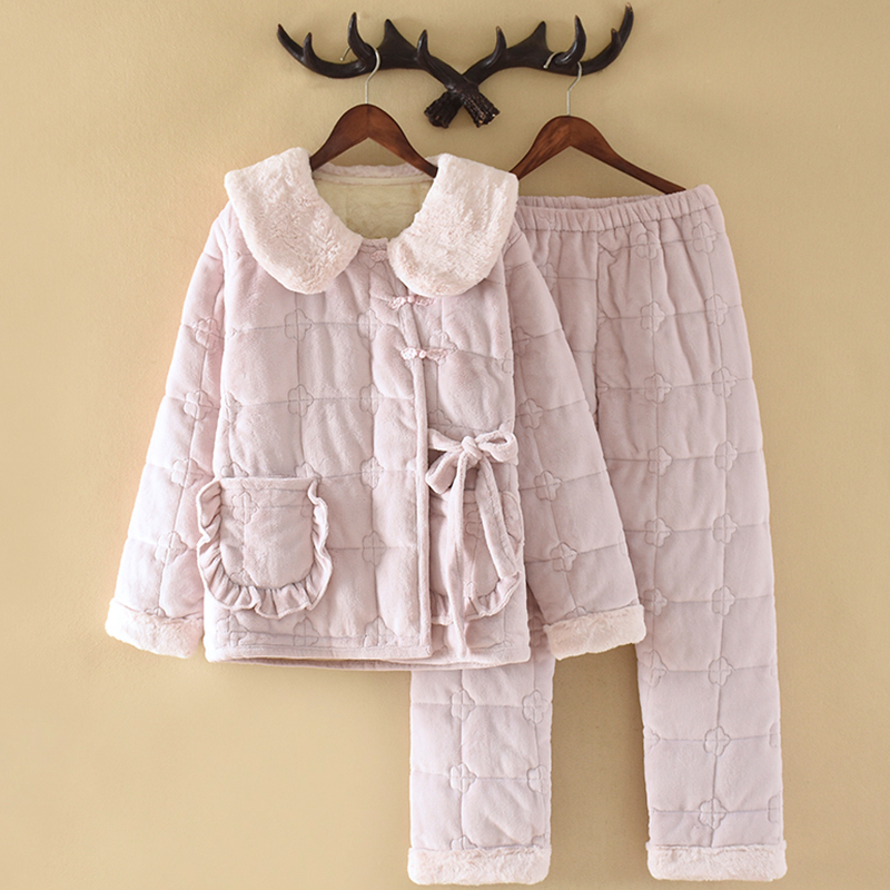 睡衣套装女冬季三层夹棉加绒加厚古风盘扣2024新款保暖外穿家居服