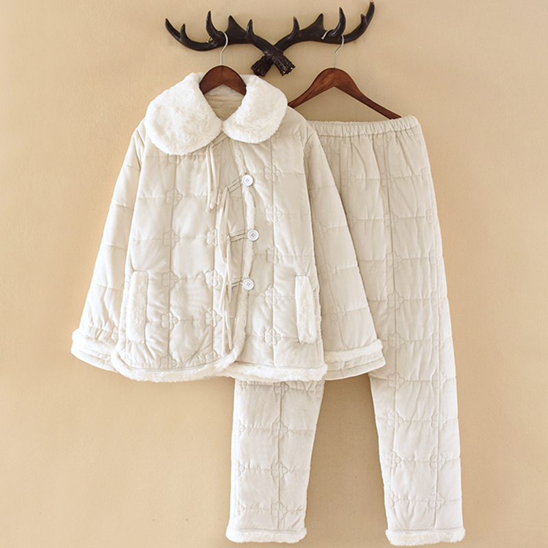 珊瑚绒睡衣女三层夹棉加厚加绒中国风毛领女款冬季气质家居服套装