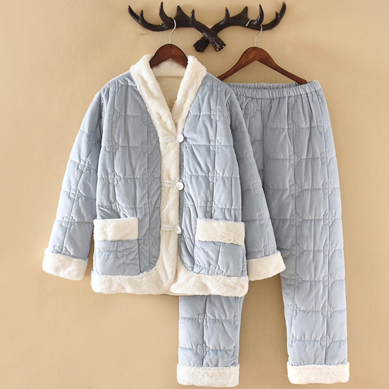 睡衣女秋冬季三层夹棉珊瑚绒套装法兰绒加厚可外穿保暖家居服蓝色