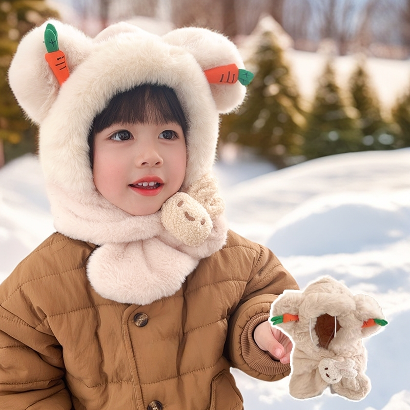 冬季宝宝套头帽防风帽子加绒毛绒围巾一体护耳帽儿童保暖帽男女童