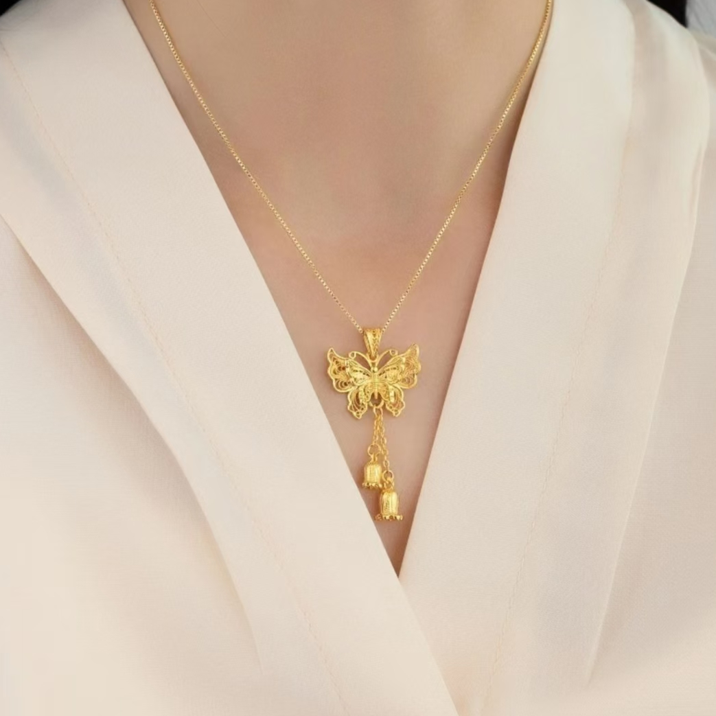 足银999.9金色铃兰花项链（25657）