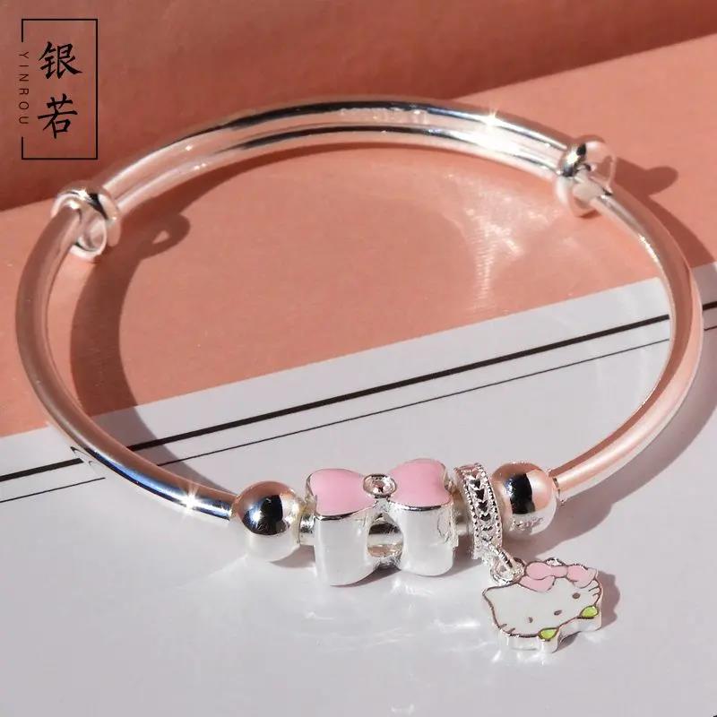 足银手镯 儿童银镯小孩学生中童大童纯银999女童镯子礼物银饰