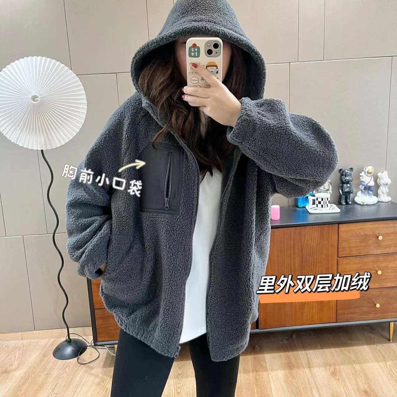 K姐【新品】秋冬款宽松加绒加厚保暖颗粒绒连帽外套A181