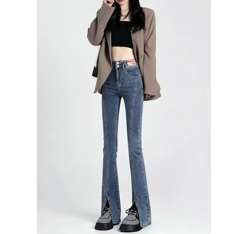 开叉加绒牛仔裤女2025新款高腰显瘦拖地微喇叭时尚百搭复古微喇裤