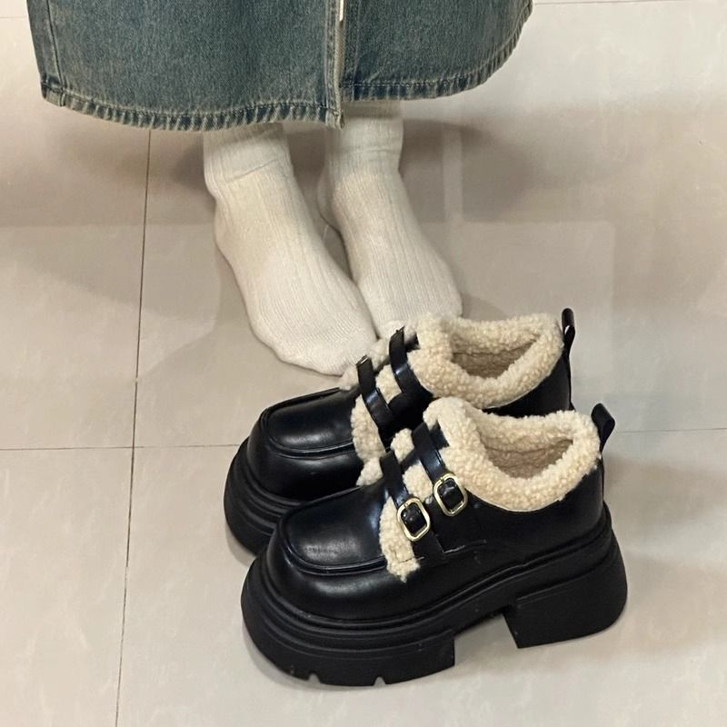 红蜻蜓牌厚底小皮鞋冬季加绒2023新款乐福鞋女毛毛鞋一脚蹬雪地靴