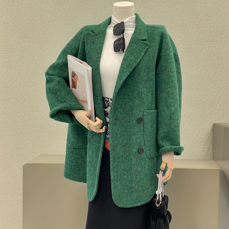 秋冬新款女双面羊毛大衣西装款四粒扣短款时尚休闲羊绒毛呢中长款