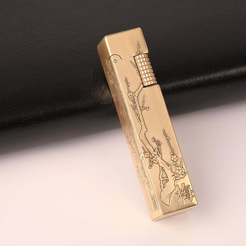 【梅兰竹菊】黄铜立方煤油打火机老式复古经典创意高密封长续航便携