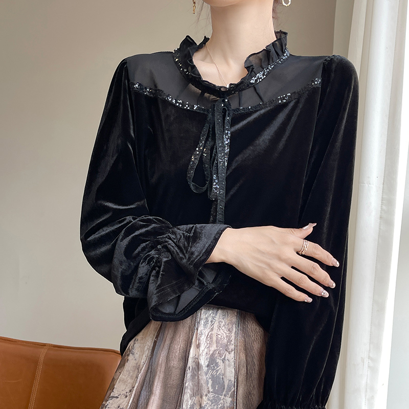 时尚简约百搭春秋新款套头金丝绒蕾丝花边领大码上衣8192