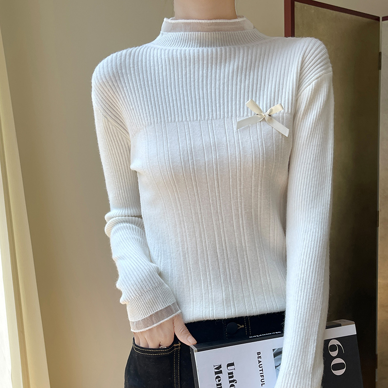 2024秋装新款蕾丝边加蝴蝶结胸针套头女士针织打底上衣潮7059