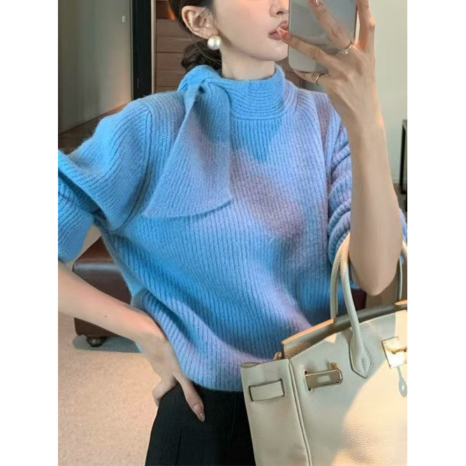 法式优雅温柔显瘦针织衫上衣女蝴蝶结绑带立领长袖套头毛衣网红