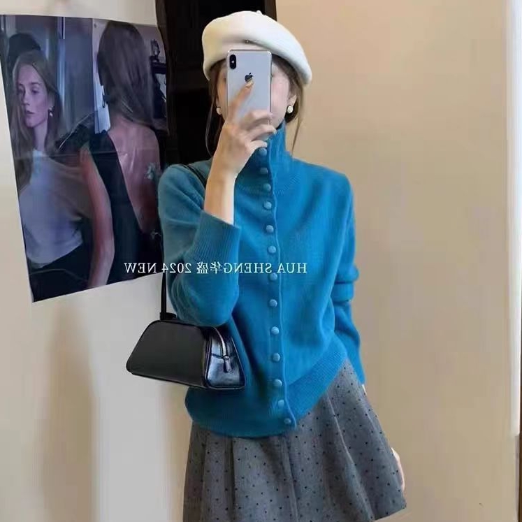 高领针织开衫女2025秋冬季新款复古韩系慵懒风高级感加厚毛衣外套