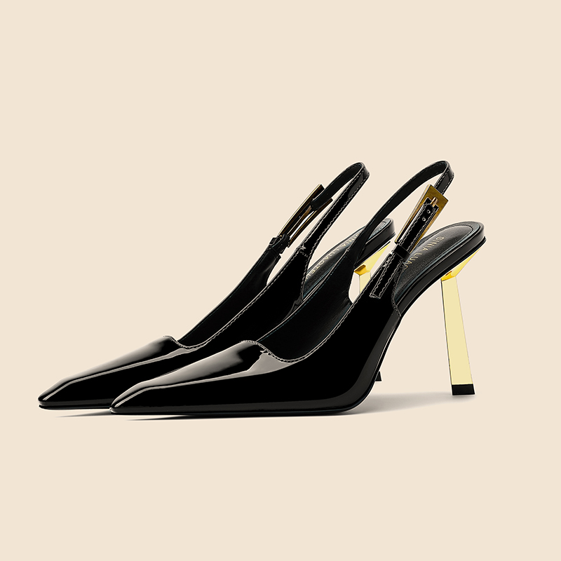 高跟鞋女2025新款春夏法式黑色尖头性感漆皮金属扣细跟包头凉鞋