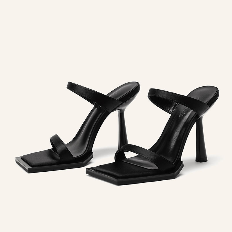 2025夏季新款爆款一字带方头百搭露趾高跟凉鞋女时尚细跟气质拖鞋