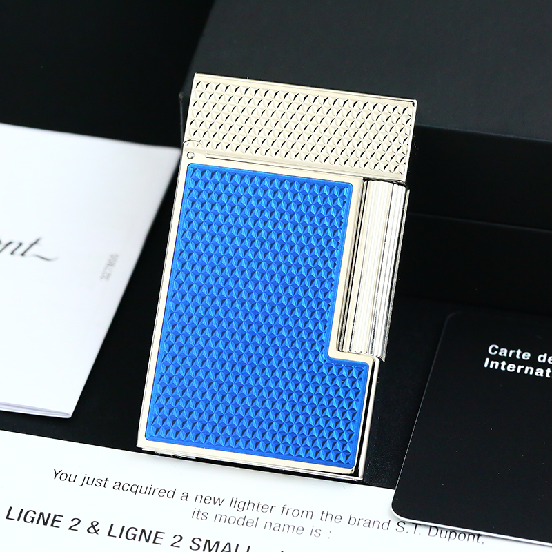 Dupont充气体打火机间银蓝色玑镂纹cling男士高档C16619