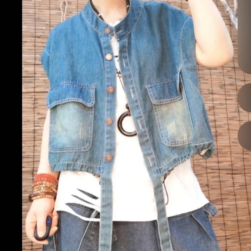 欧版立领飘带百搭牛仔马甲
