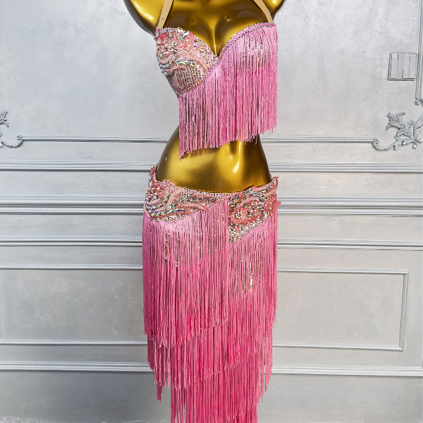 舞姿翼新款粉色流苏鼓舞表演服两件套WZY082 (有S与XL）