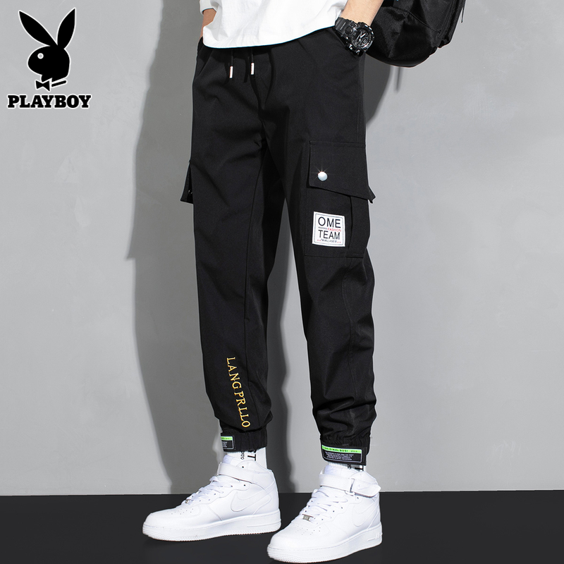 PLAYBOY秋季休闲裤男士潮牌宽松哈伦百搭束脚长裤魔术贴工装裤男