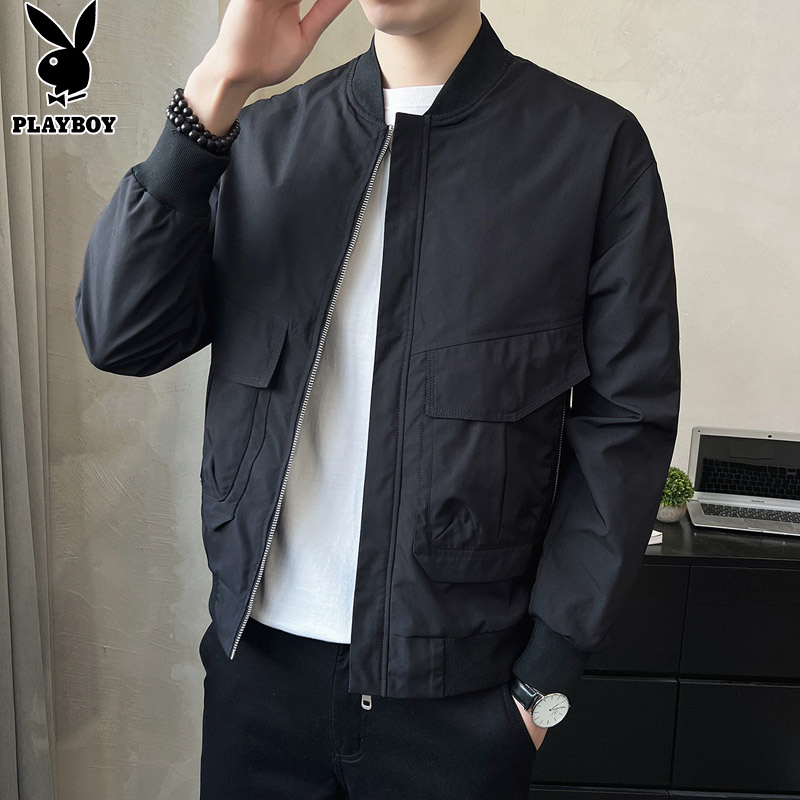 PLAYBOY夹克男士秋季潮流宽松休闲茄克2023新款棒球领工装外套男