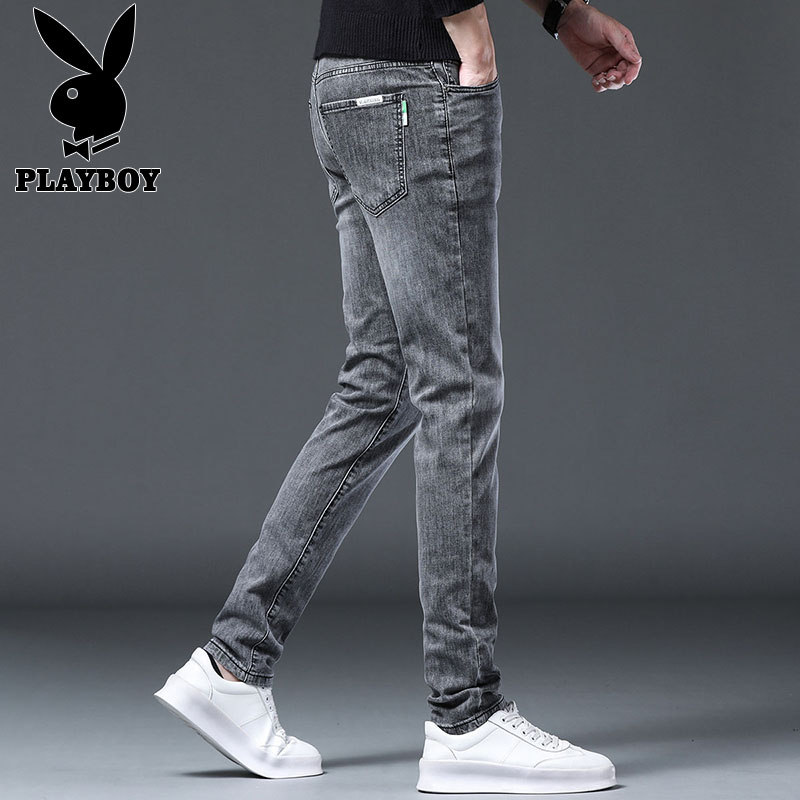PLAYBOY牛仔裤男士灰色长裤春秋新款潮牌休闲潮流修身小脚裤子春