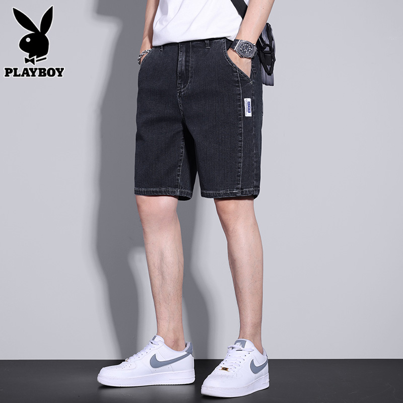 PLAYBOY牛仔短裤男士夏季薄款宽松直筒中裤2023潮牌休闲五分裤男