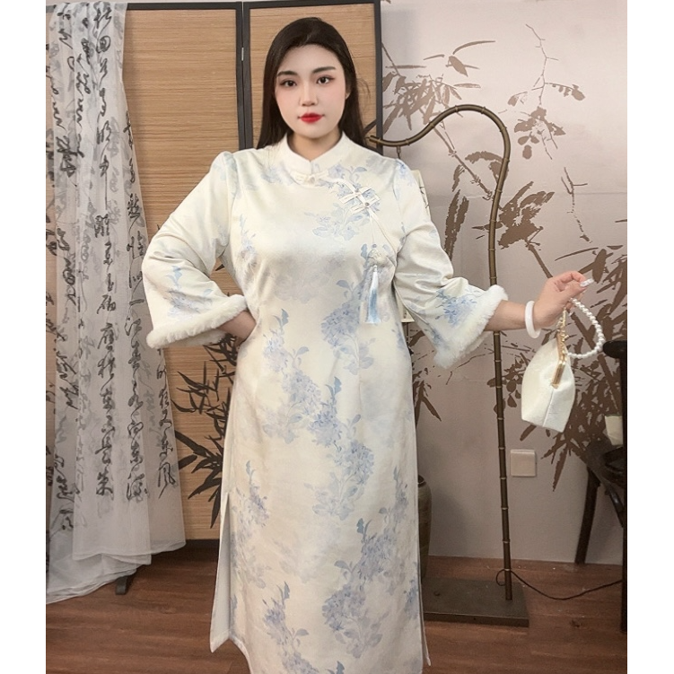 码加加白玉古法31826大码新中式秋冬大号旗袍氛围感气质连衣裙