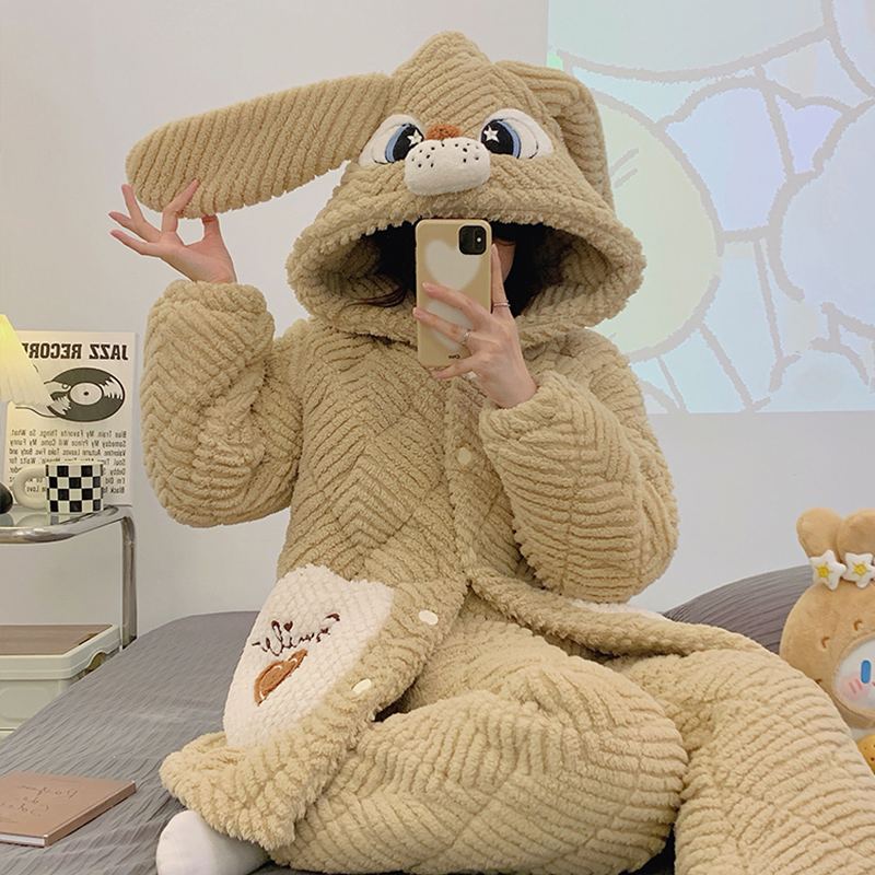 新款珊瑚绒加绒加厚三层夹棉女可爱长耳睡衣可外穿女款家居服套装