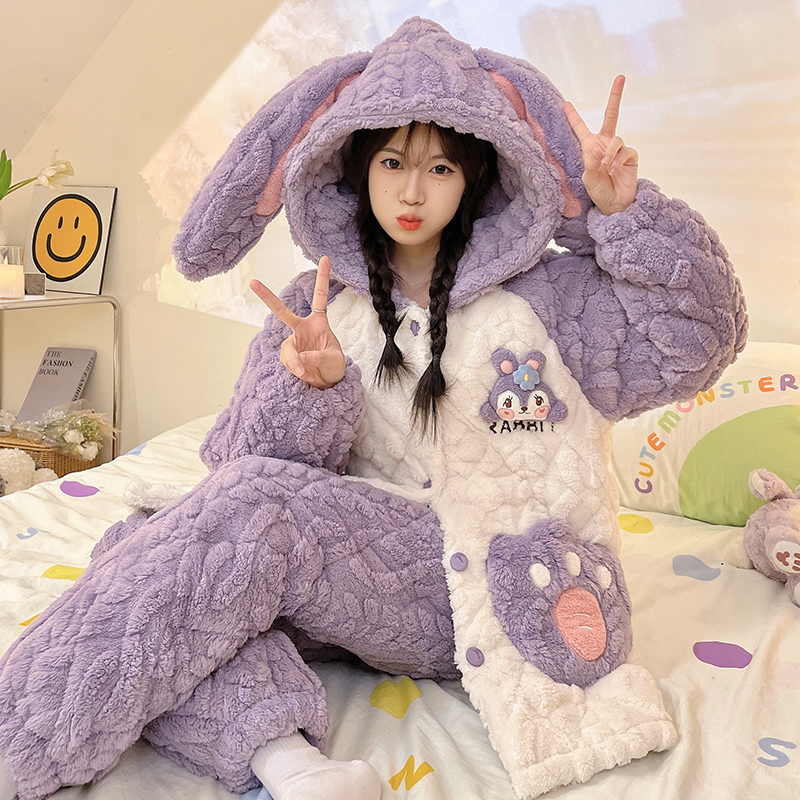 新款加绒加厚三层夹棉秋冬季可外穿家居服套装可爱卡通保暖睡衣套