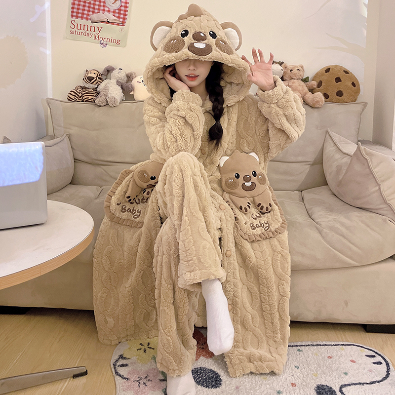 女款珊瑚绒新款加绒加厚睡衣秋冬季保暖可爱睡袍可外穿家居服套装