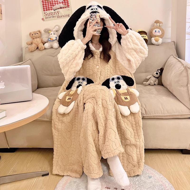 睡袍秋冬季2025新款珊瑚绒加厚加绒睡衣女法兰绒卡通家居服可外穿