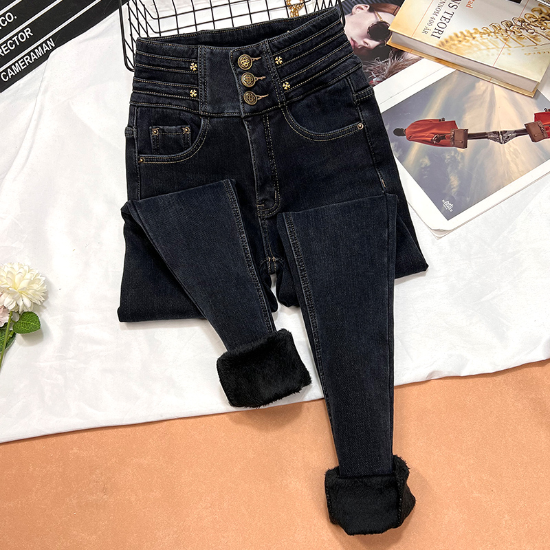 三排扣高腰铅笔牛仔裤女2025年秋冬新款弹力显瘦紧身小脚靴裤女潮