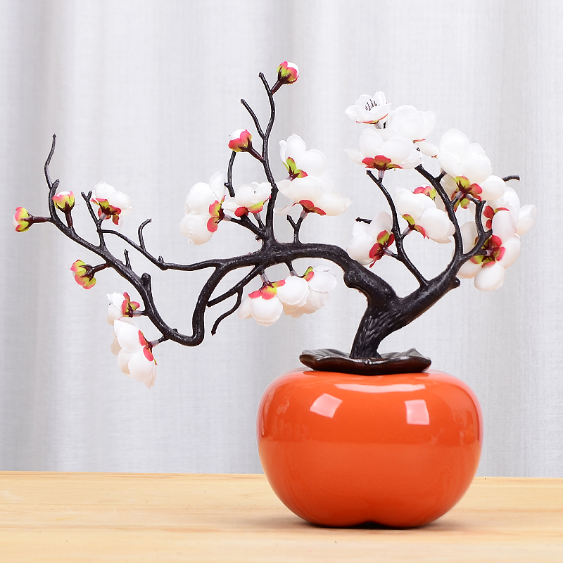 创意柿子梅花花瓶陶瓷仿真花新房乔迁客厅电视柜桌面装饰摆件花器