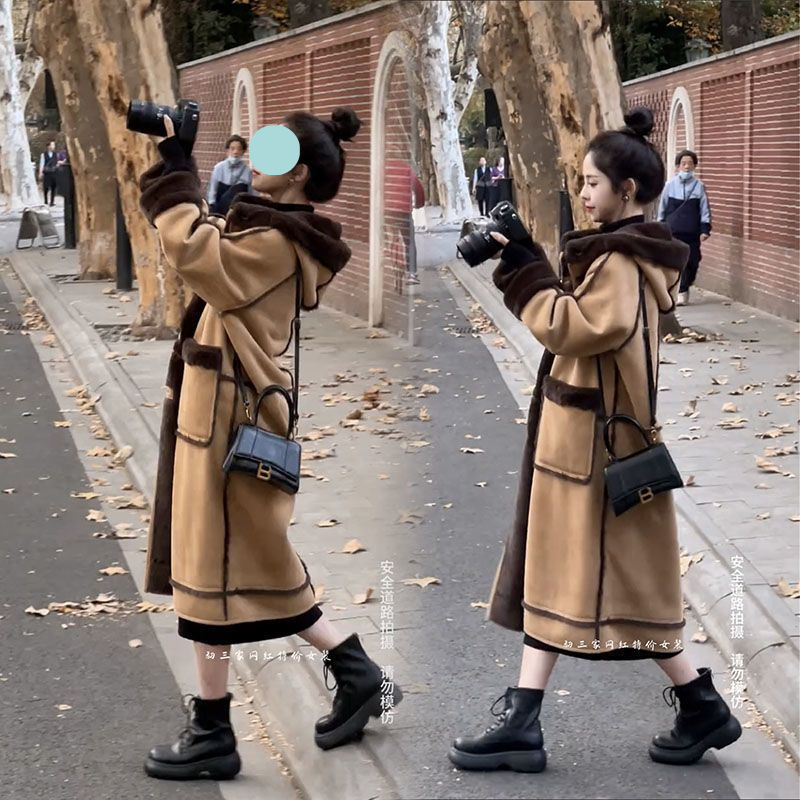 皮毛一体大衣女中长款2023冬季外套新款棉衣棉服韩版羊羔毛外套女