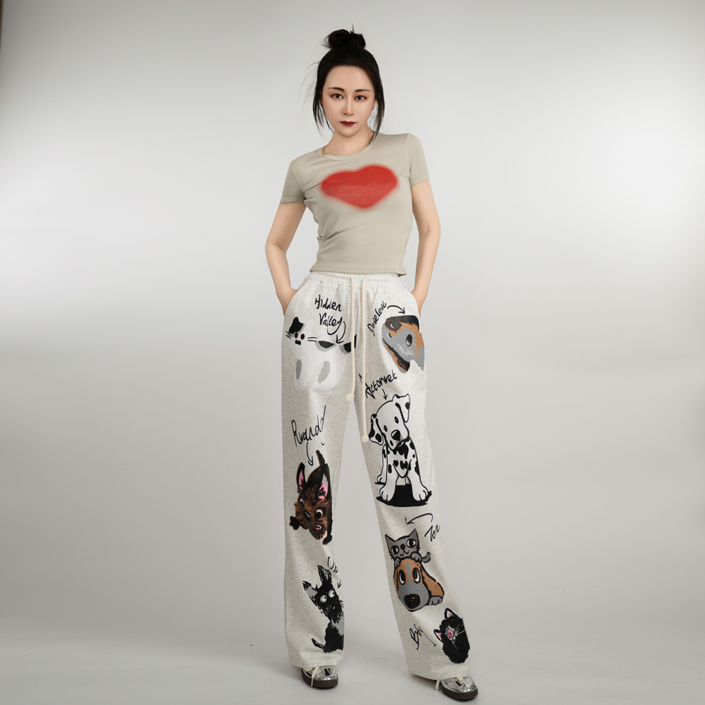LUNAR NOSTALGIA松紧抽绳腰狗狗印花时尚阔腿运动休闲裤