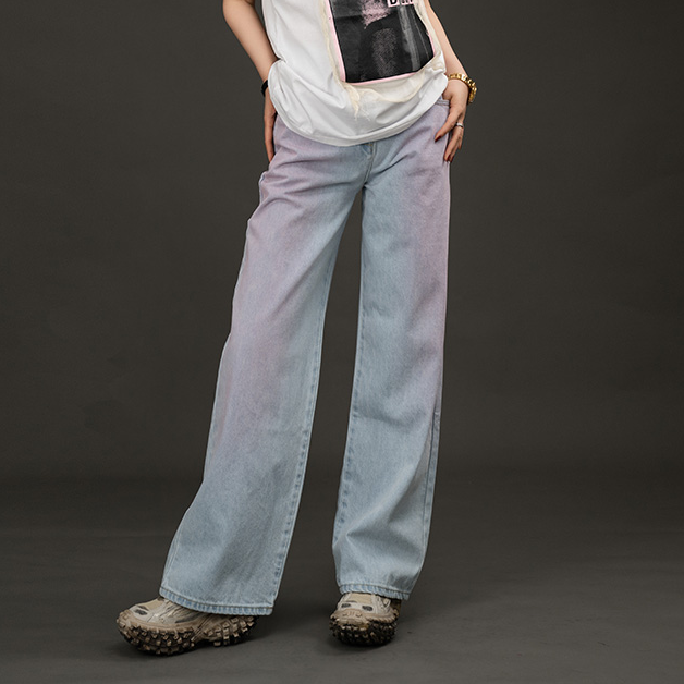 LUNAR NOSTALGIA时尚宽松设计感法风高街水洗刷粉直筒阔腿牛仔裤