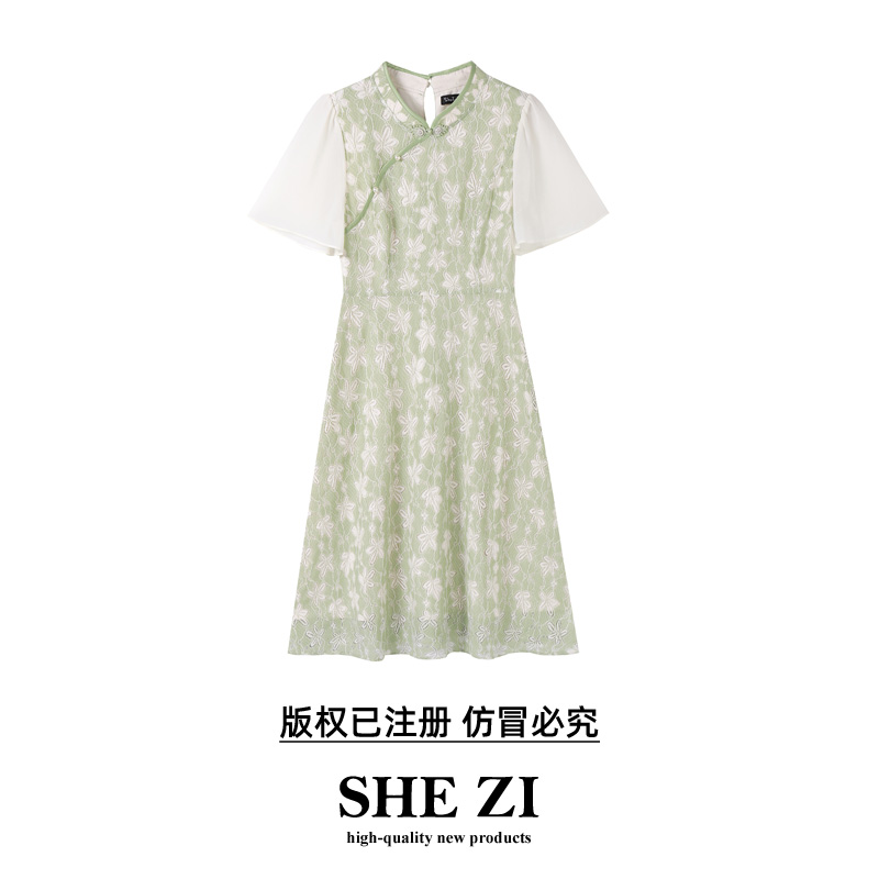 【篱笆花墙】蕾丝改良旗袍裙子大码女装夏季胖妹妹优雅连衣裙A84