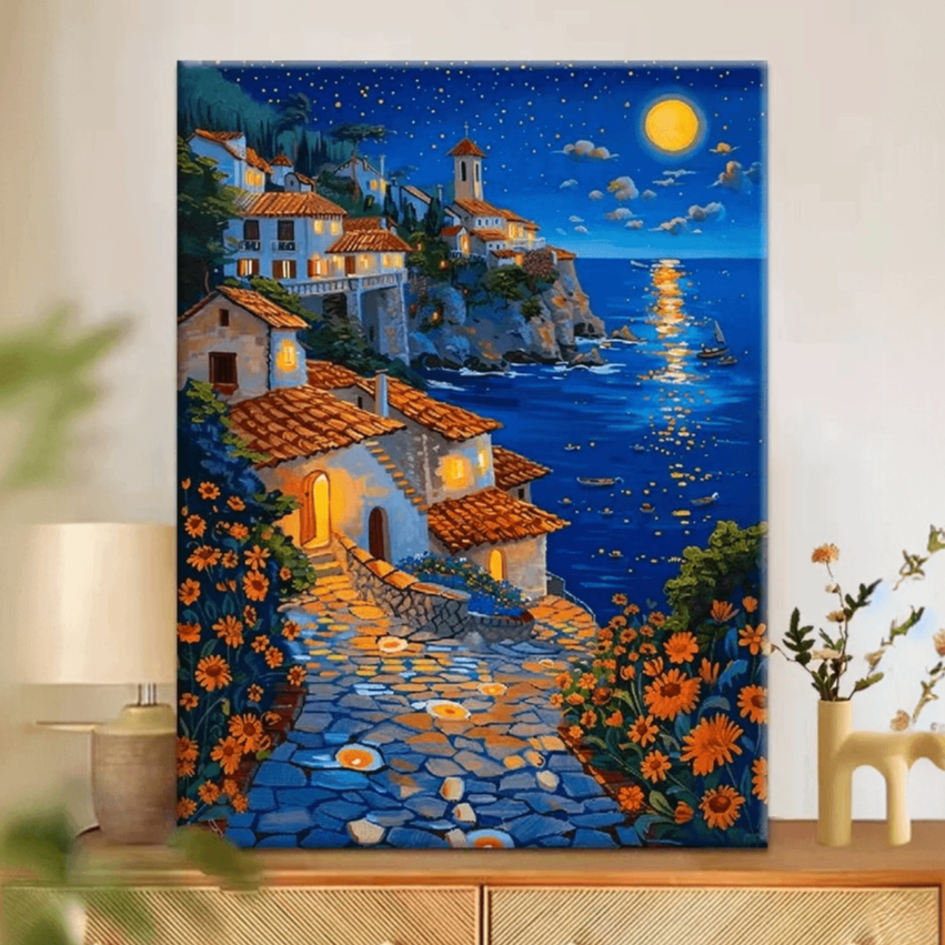 童话镇的夜|风景diy数字油画丙烯填充手绘减压油彩涂色装饰画