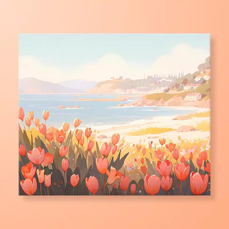 [云端] 海边郁金香diy数字油画丙烯填充手工治愈减压油涂色装饰画