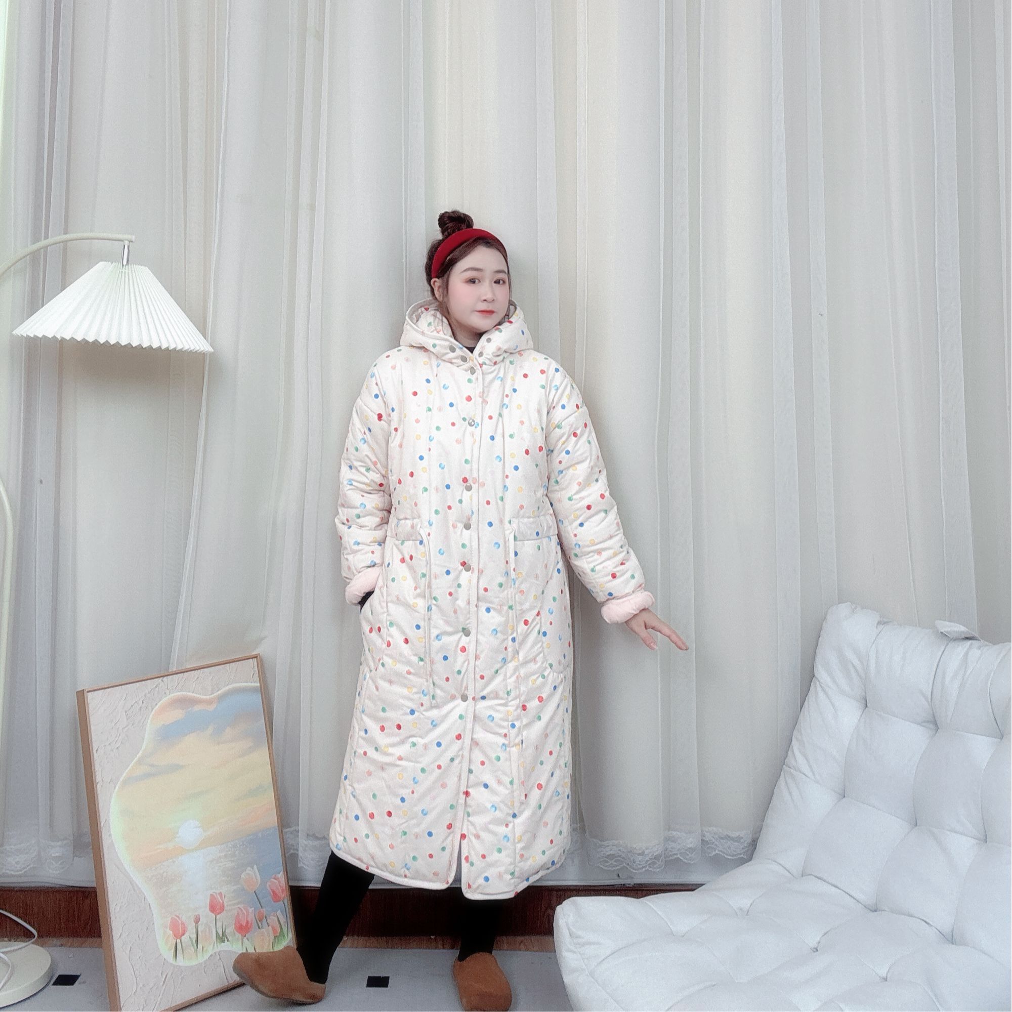 SANYUE新疆棉棉花【彩色波点连帽长款】宽松家居服保暖棉服