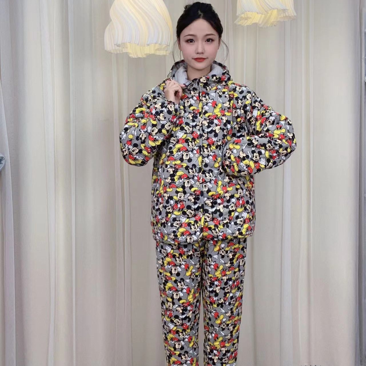 SANYUE新疆棉棉花【福利款灰底黄米奇连帽套装】宽松家居服保暖棉服