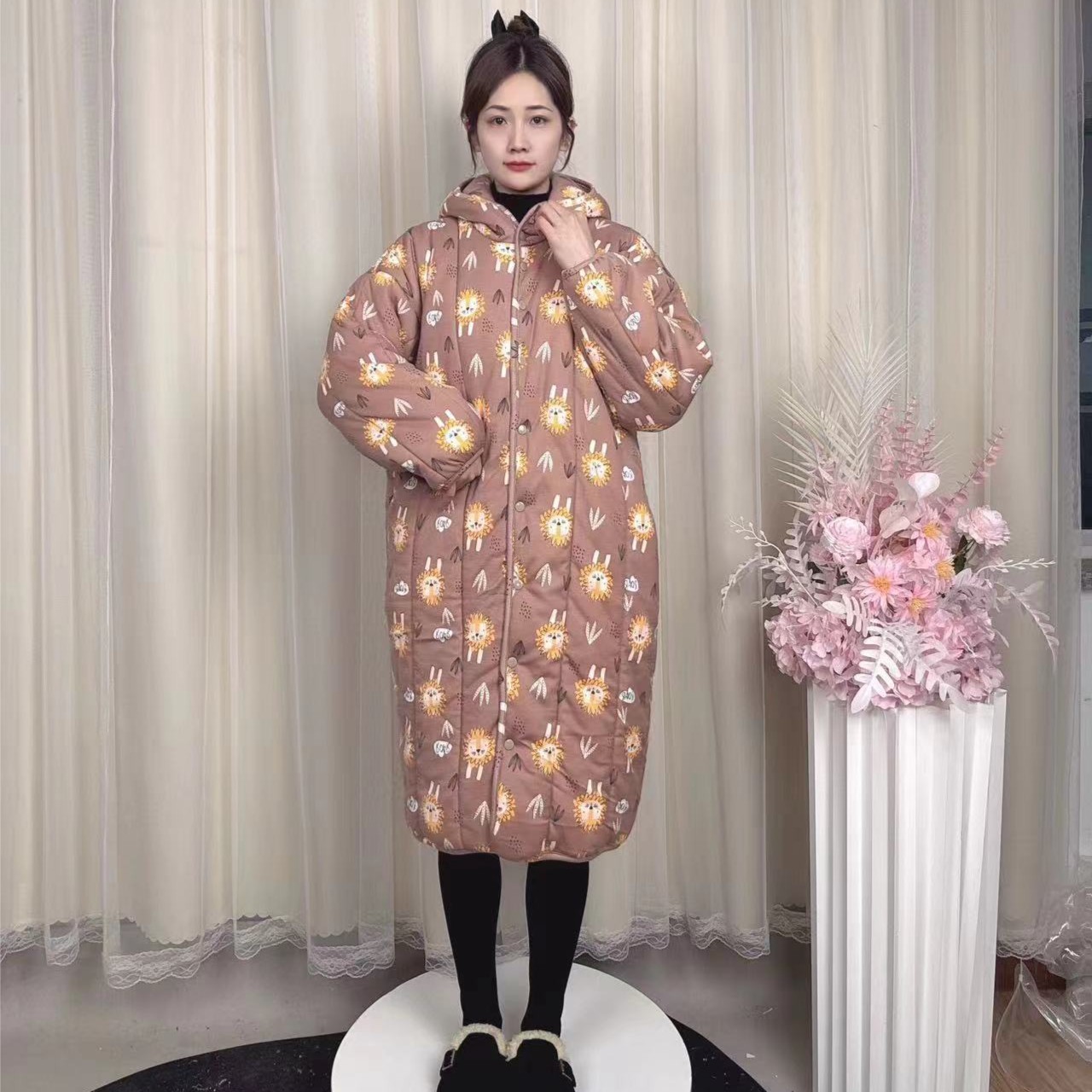 SANYUE新疆棉棉花【太阳狮子花连帽长款】宽松家居服保暖棉服