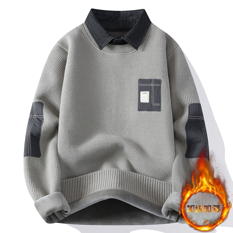 2024冬季新款加绒衬衫领毛衣男休闲加厚保暖一体绒假两件针织衫男