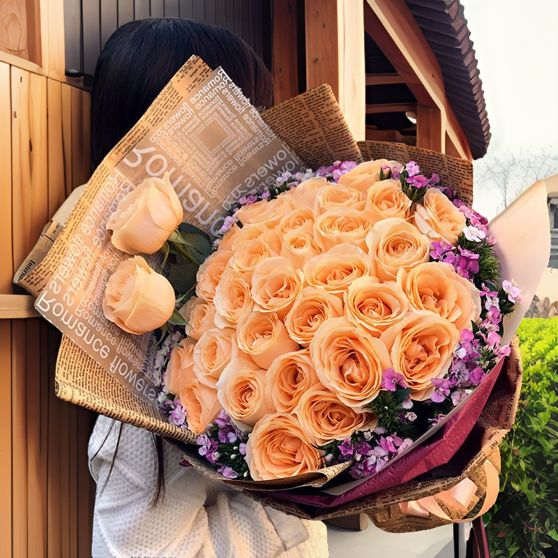 33朵香槟玫瑰花束送女友闺蜜生日全国鲜花同城配送情人节花店