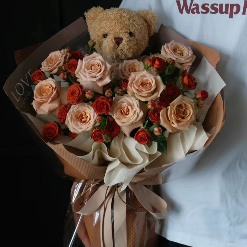 【爱你】卡布奇诺抱抱熊玫瑰花束全国鲜花同城配送生日祝福生日鲜花