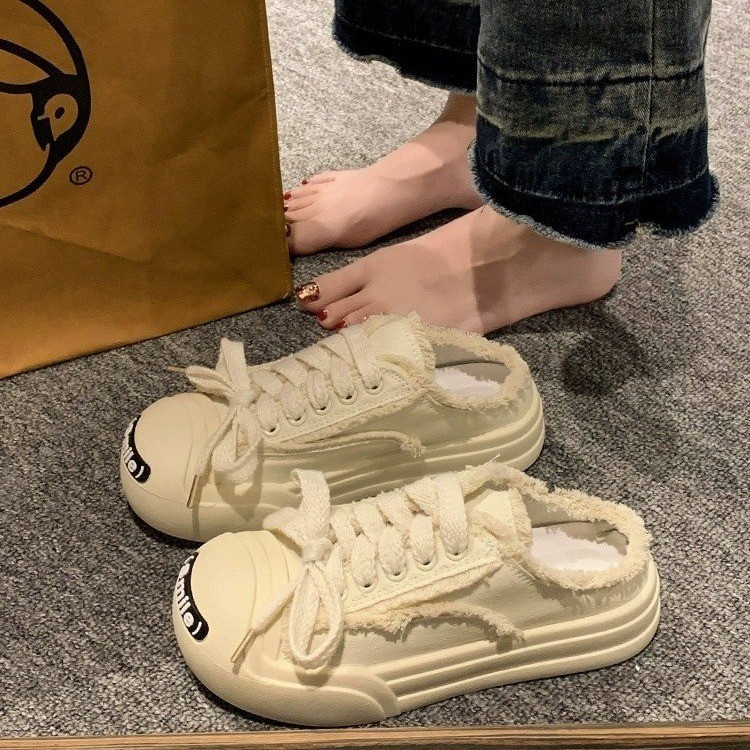 薄款透气毛边休闲半拖帆布鞋女2023夏季新款笑脸懒人一脚蹬单鞋