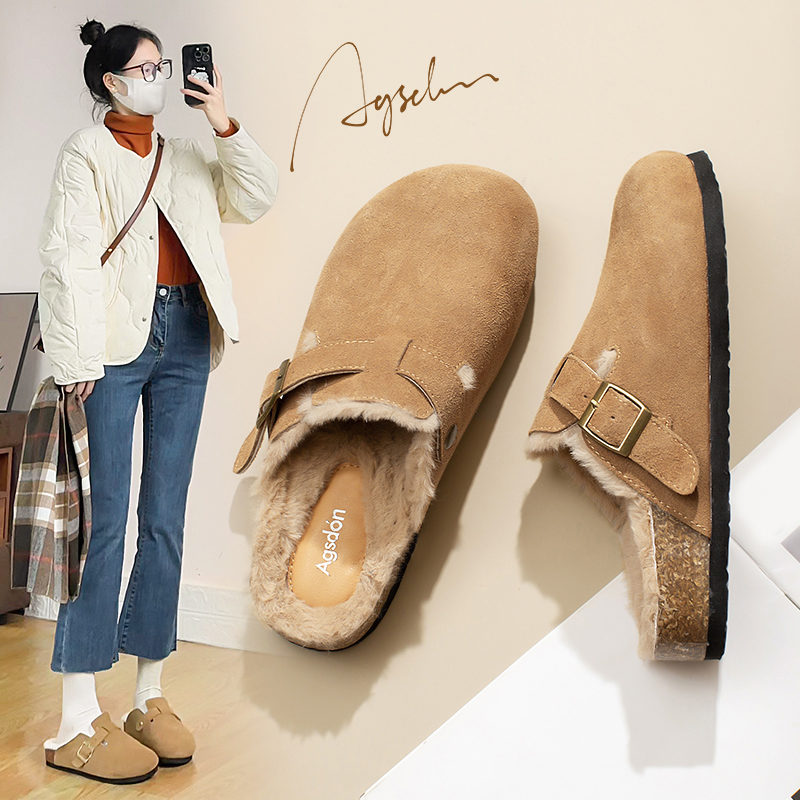奥古狮登真皮加绒勃肯鞋2024新款一脚蹬穆勒爆款单鞋毛毛包头拖鞋