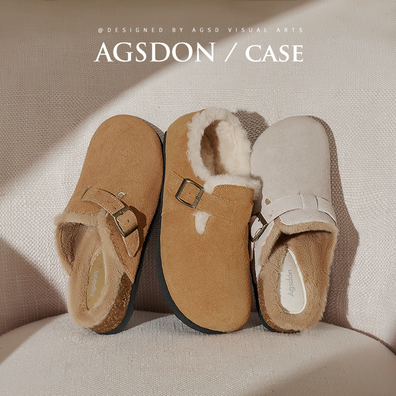 奥古狮登勃肯女鞋春秋冬2024新款全包博肯半拖软底加绒毛毛棉鞋