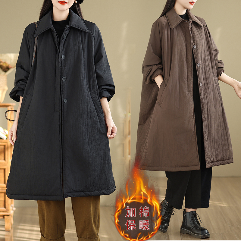 2025冬夹棉风衣外套女加厚宽松显瘦中长款休闲大码棉衣棉服女